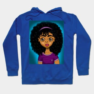 Cute brown skin girl with big curls on blue background Hoodie